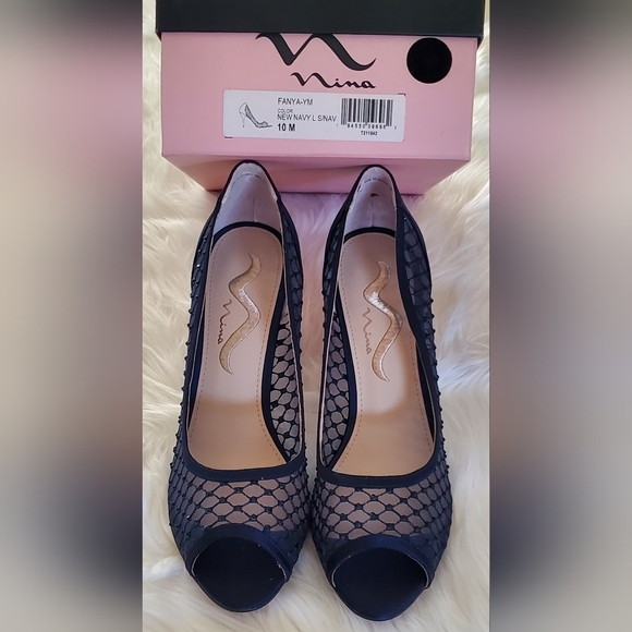 Nina Fanya Satin Navy Peep-Toe Heels With Mesh And Rhinestone Design Size 10 - Picture 6 of 8